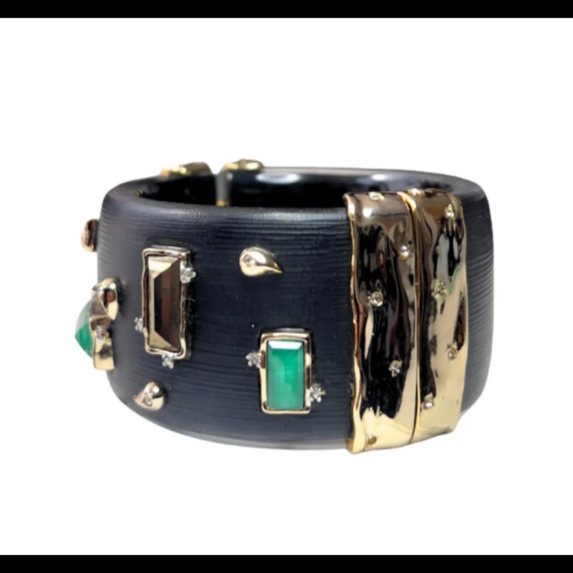 Alexis Bittar Black Lucite W/Emerald Green & Brown Stones Hinged Bracelet.